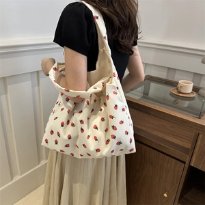 Lazy style off-white corduroy tote bag with strawberry print and wide shoulder strap