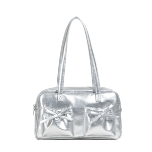 Sac à épaule argenté en PU métallisé avec nœuds décoratifs et doubles poches style Y2K