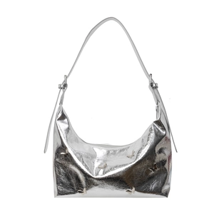 Silver metallic hobo bag with pleated texture and decorative butterfly buckles