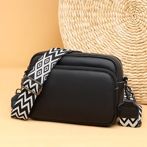 Genuine Leather Crossbody Bag For Women Litchi Grain Cowhide Shoulder Bag With Wide Geometric Strap Double Zipper Camera Bag Fashion Square Small Handbag