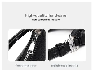 Detail of silver metallic hardware with thick D-ring and smooth zipper on black leather bag