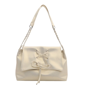 Creamy white PU leather tote bag with elegant bow tie decoration and metal chain strap
