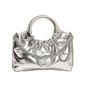Chic silver metallic PU crossbody bag with round handle and pleated texture design