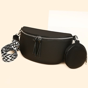Sac Banane Femme en Cuir Véritable de Première Couche Motif Litchi Sac de Poitrine Avec Large Bandoulière Géométrique
