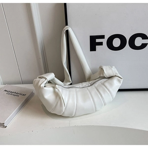 Minimalist white PU leather crescent shoulder bag with pleated texture and knotted strap