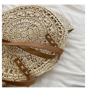 Detail of hand-woven straw texture and sturdy brown faux leather handle on round bag