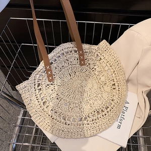 Large Capacity Straw Woven Tote Bag For Women Summer Beach Holiday Round Semi-Circle Cotton Linen PU Leather Shoulder Bag