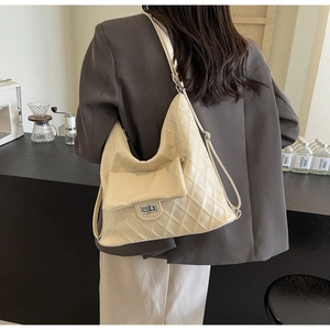 Quilted cream PU leather shoulder bag with rotating lock and matching small coin purse
