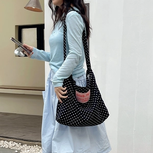 Retro black canvas hobo bag with white polka dots and pink text patch for women