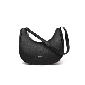 Retro black lychee grain leather hobo underarm bag with silver zipper and STLY logo