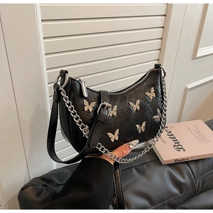 Sac hobo minimaliste en PU noir avec papillons argentés et double bandoulière