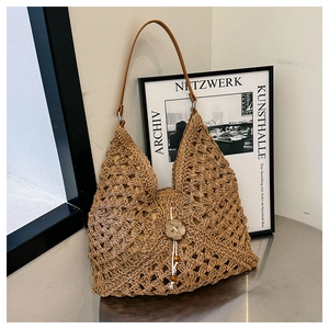 Handwoven Straw Shoulder Bag For Women Hollow Out Geometric Crochet Tote With Wood Flower Button Tassel Vacation Handbag