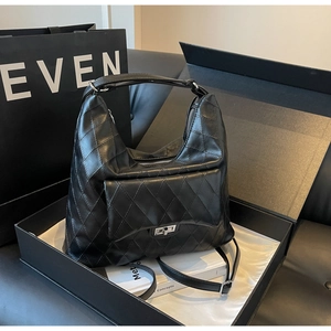 Classic black quilted PU leather hobo handbag with silver turn-lock and adjustable strap