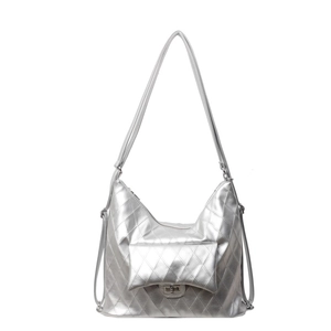 Modern silver quilted PU leather shoulder bag with metallic finish and turn-lock