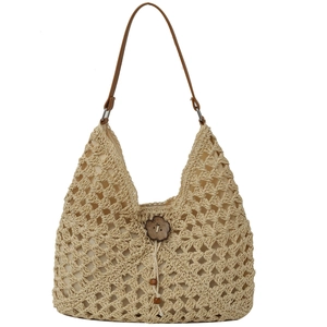 Bohemian crochet straw shoulder bag with leather strap and wooden floral buckle