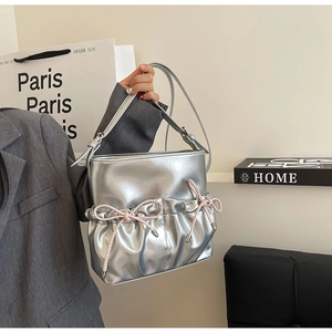 Women Glossy PU Leather Shoulder Bag With Pink Bowknot Drawstring Ruched Design Crossbody Bag Elegant Fashion Versatile Handbag