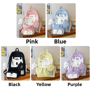 Detailed set of nylon backpacks in five pastel colors with cute plush keychains