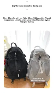 Detailed size chart for black and grey nylon backpacks measuring 29x21x42cm and weighing 0.35kg
