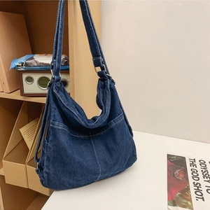 Classic blue denim hobo shoulder bag with contrast white stitching and large capacity