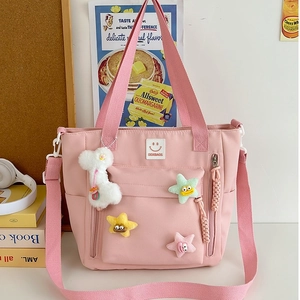 Women's Nylon Shoulder Bag Large Capacity Tote Handbag With Plush Star Charms Cute Smiley Face Patch Casual Daily Travel Bag