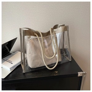 Minimalist transparent PVC tote bag with inner pouch and sturdy cotton rope handles