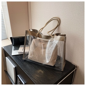 Transparent PVC tote bag with canvas inner pouch and rope handles for women