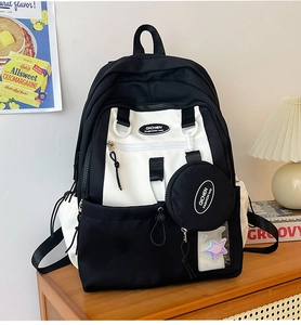 Detail of black nylon backpack with white pocket and transparent star sequin window