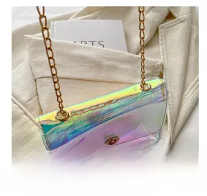 Close-up of holographic PVC crossbody bag featuring gold metal chain and turn-lock