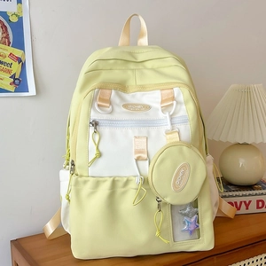 Minimalist nylon backpack in yellow and white color-block with mini pouch