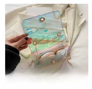 Detailed view of iridescent PVC crossbody bag with gold chain and metal twist lock