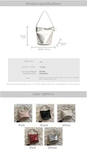 Detailed size and weight specs for the PU leather bucket shoulder bag in five colors
