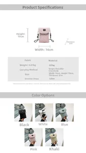 Detailed size chart and multi-color options for quilted fabric crossbody phone bag