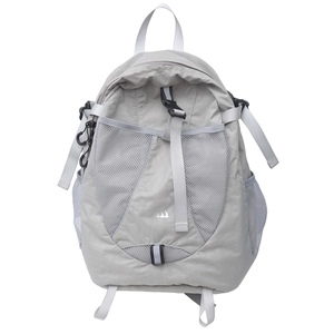 Light grey nylon backpack with breathable mesh pockets and adjustable buckle straps