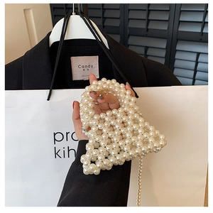 Elegant cream white faux pearl top handle crossbody bag for women with long bead strap