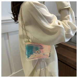 Detail of laser PVC crossbody bag showing holographic material and gold chain strap