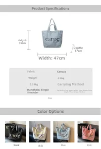 Detailed size chart and multi-color canvas tote bag collection for summer casual wear