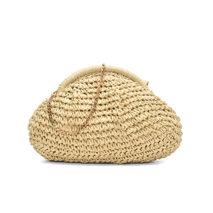 Minimalist beige straw cloud clutch bag with gold chain strap for women summer fashion