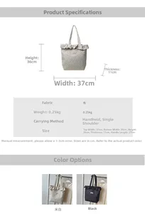 Size chart for fabric tote bag with dimensions height 36cm and polka dot design details
