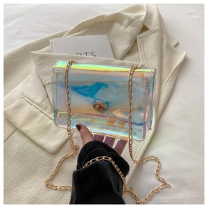 Women Fashion Holographic Iridescent PVC Crossbody Bag Laser Transparent Mini Square Shoulder Bag With Gold Metal Chain Strap
