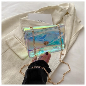 Chic holographic PVC crossbody bag with colorful iridescent effect and gold chain strap