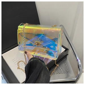 Trendy iridescent laser crossbody bag with gold chain strap and metallic lock for women