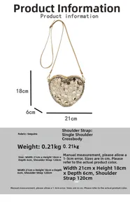 Detail showing dimensions of the gold sequin heart crossbody bag, 21cm width x 18cm height