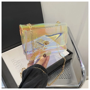Iridescent laser PVC crossbody bag with gold chain strap and luxury turn-lock closure