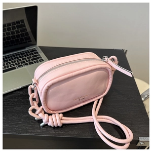 Pink PU leather rectangular crossbody bag with wide woven strap and resin chain link