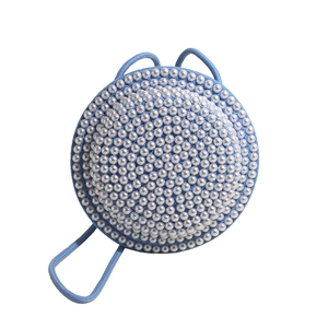 Borsa a tracolla alla moda in lino blu con eleganti decorazioni in perle bianche