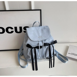 Minimalist light blue marble textured PU leather backpack with black velvet bows