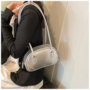 Silver metallic PU leather shoulder bag with long handles and MURUA brand logo on the bottom