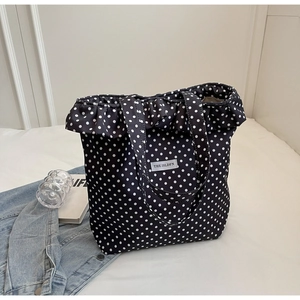 Women Polka Dot Print Tote Bag With Ruffle Edge Fabric Shoulder Handbag For Daily Shopping Casual Versatile Large Capacity