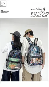 Détail de sacs à dos en PVC transparent avec motifs d'étoiles et de feuilles
