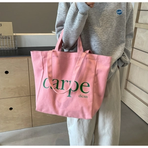 Detailed side view of pink canvas tote bag with carpe dienn text held by a model